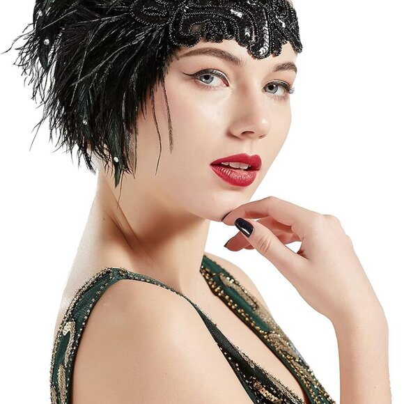 1920s Flapper Headband Black Feather Headpiece 20s Gatsby Accessory - Picture 1 of 6